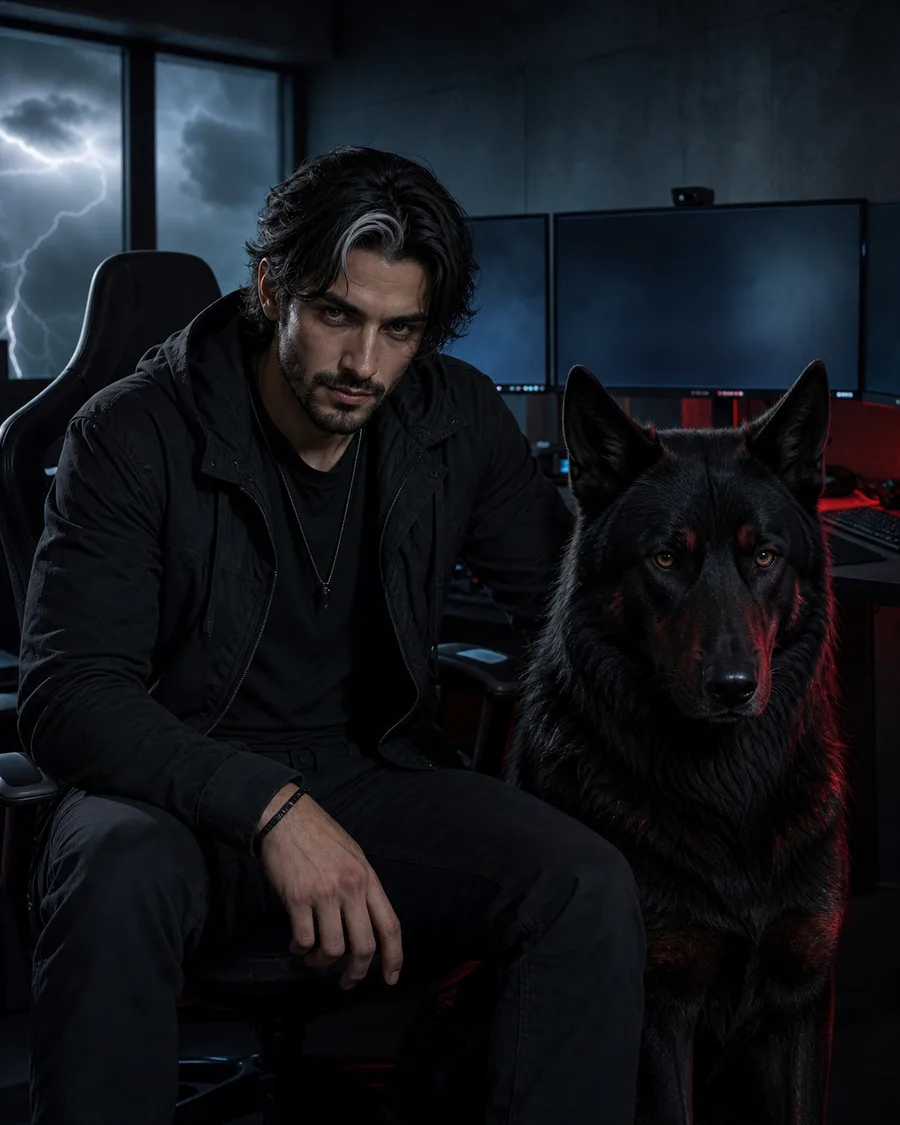 Fenrir with Odin in a storm-lit gaming den — AI-generated character art